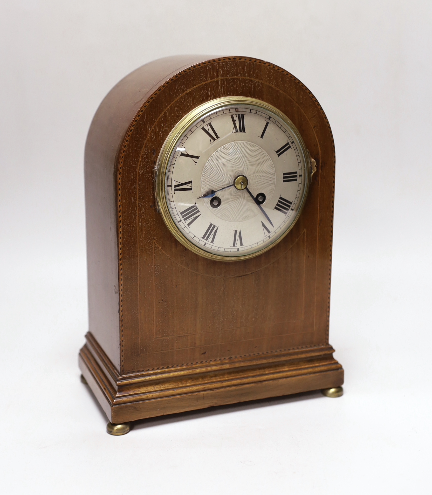 An Edwardian inlaid mahogany mantel clock, 29cm